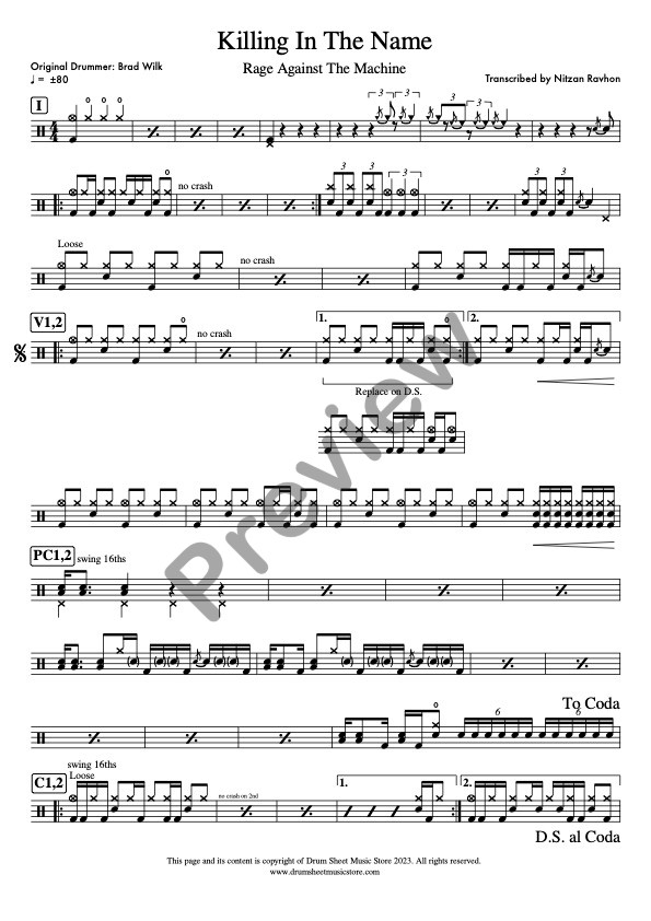 Killing In The Name drum sheet music – Rage Against The Machine (preview)