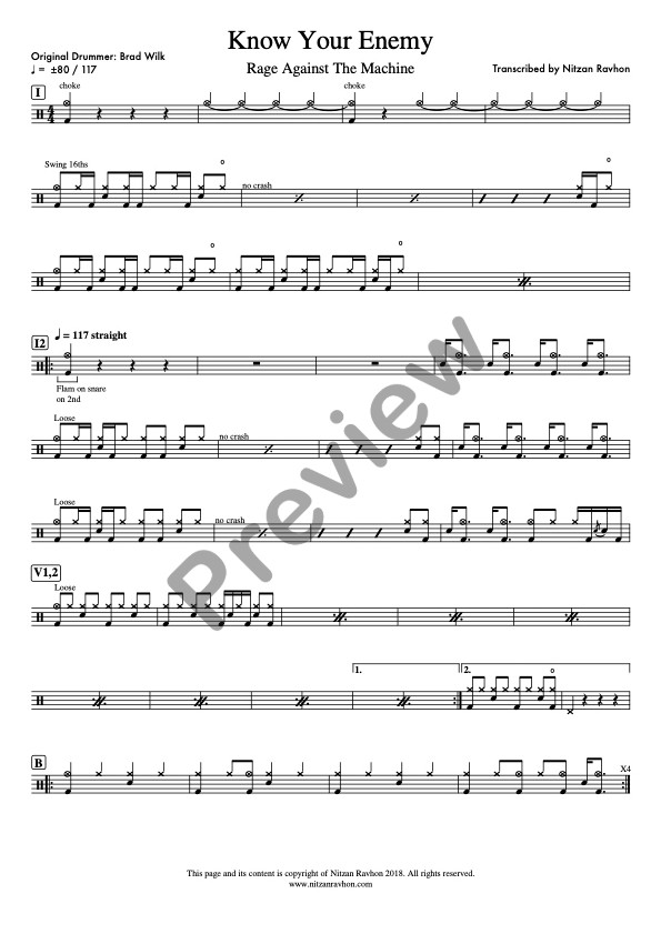 Know Your Enemy drum sheet music – Rage Against The Machine (preview)