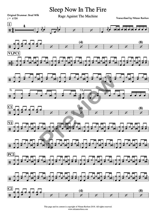 Sleep Now In The Fire drum sheet music – Rage Against The Machine (preview)
