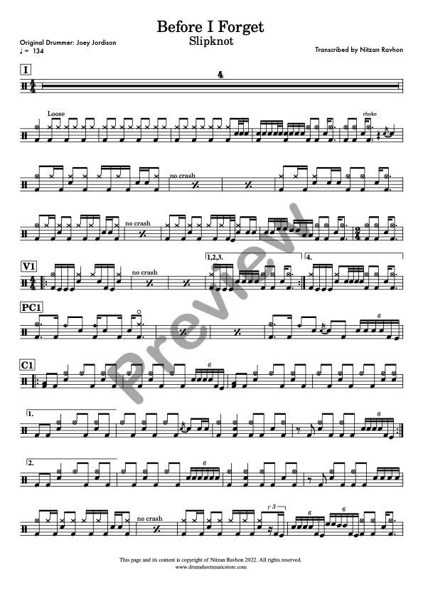 Before I Forget drum sheet music – Slipknot (preview)