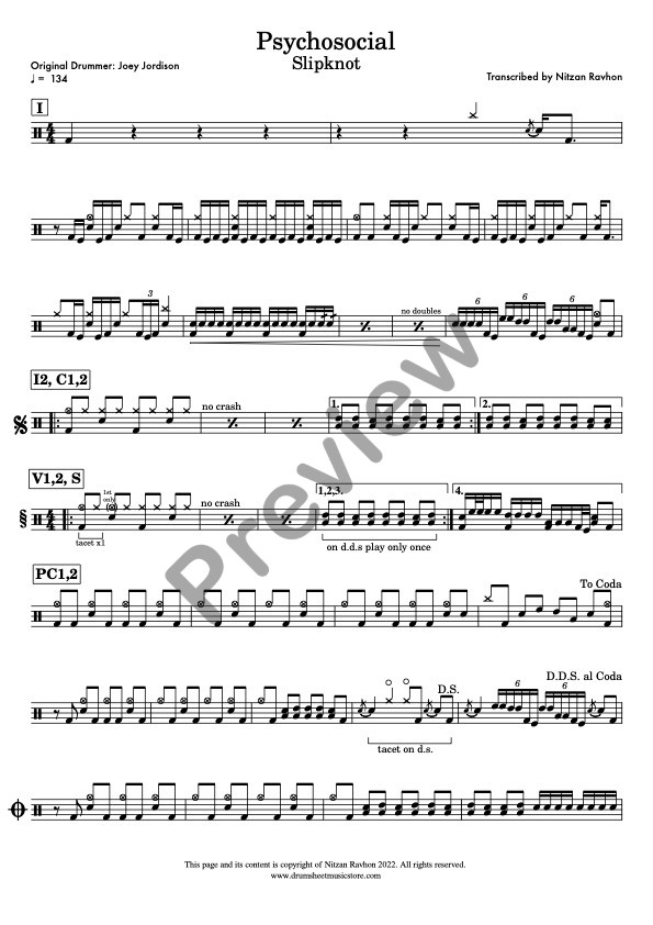 Psychosocial drum sheet music – Slipknot (preview)