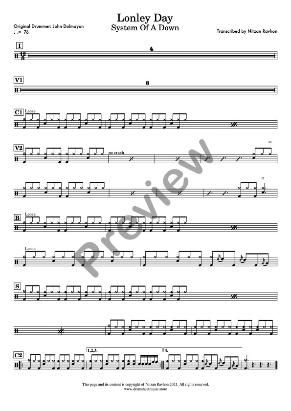 Lonely Day drum sheet music – System Of A Down (preview)
