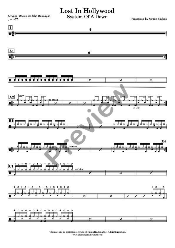 Lost In Hollywood drum sheet music – System Of A Down (preview)