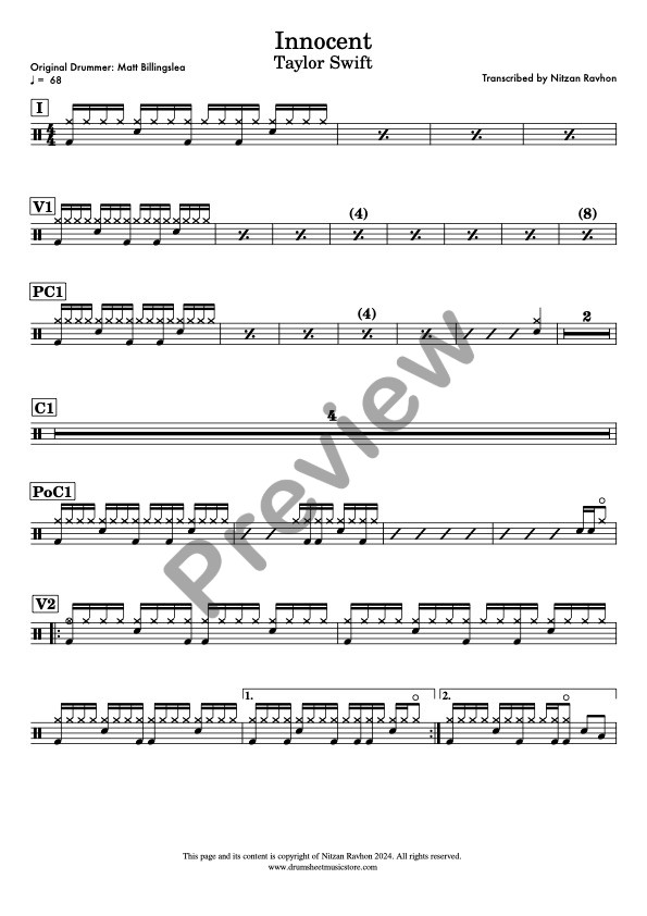 Innocent drum sheet music – Taylor Swift (preview)