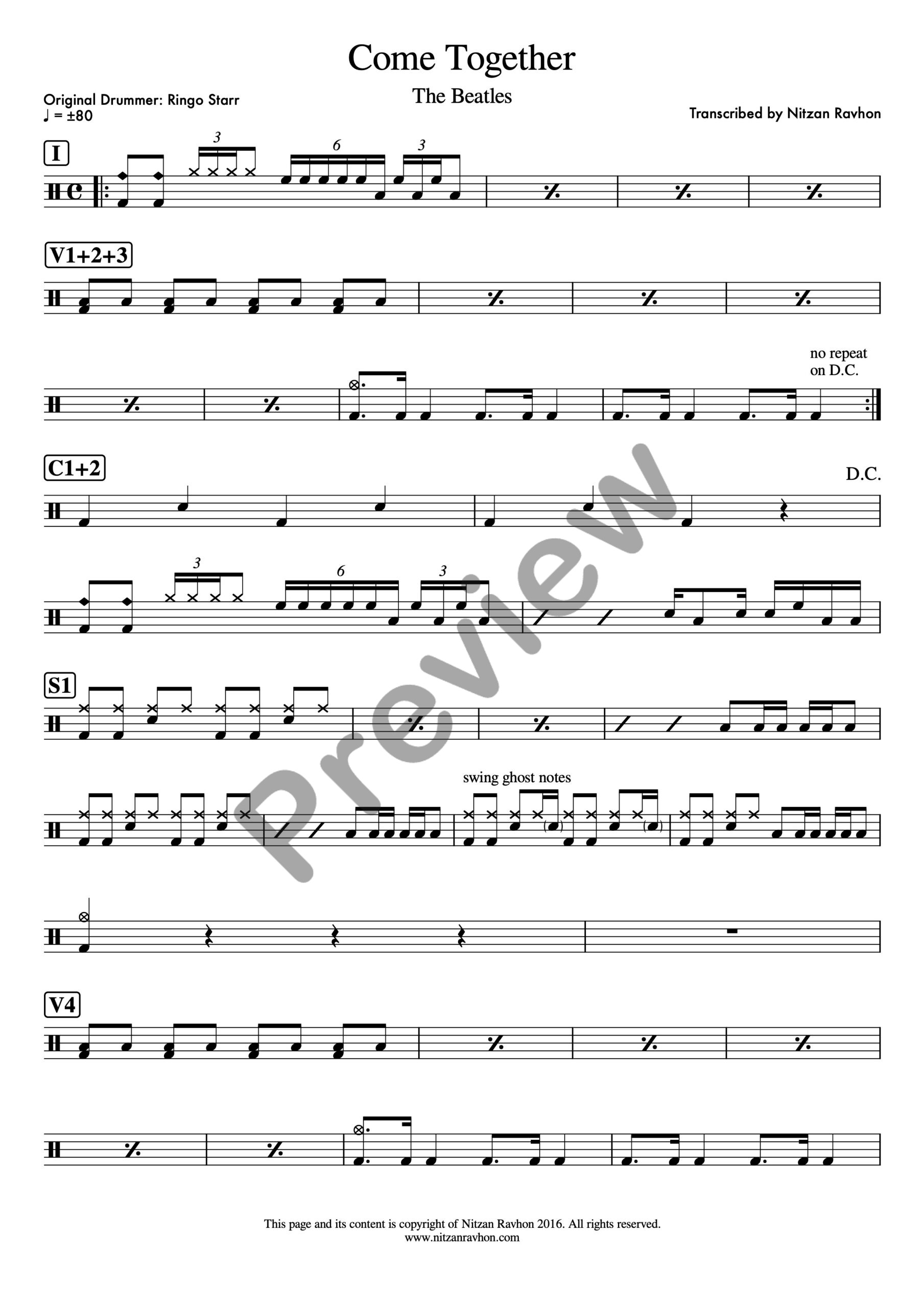 Come Together drum sheet music – The Beatles (preview)