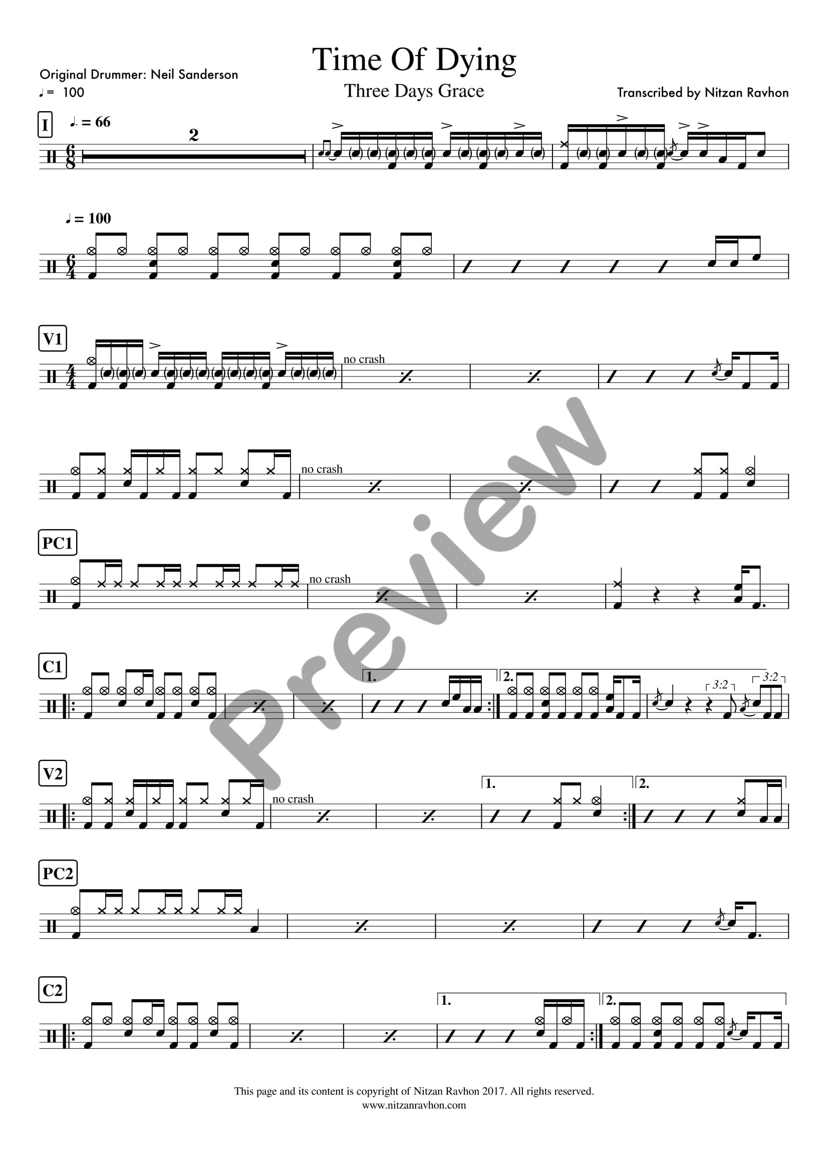 Time Of Dying drum sheet music – Three Days Grace (preview)